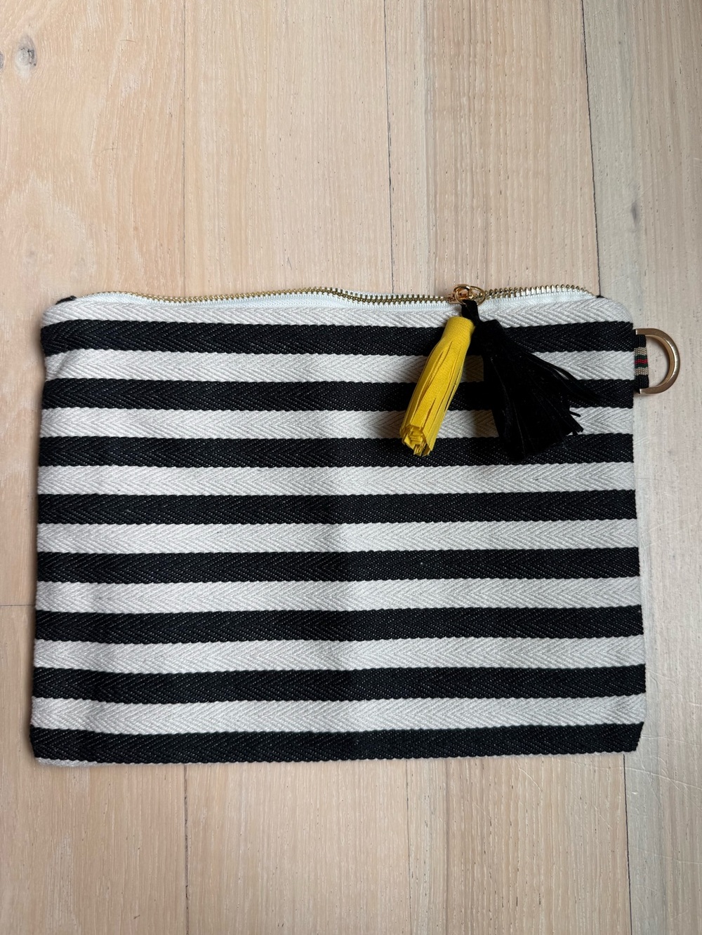 Striped Black & White Canvas Zip Pouch with Tassel